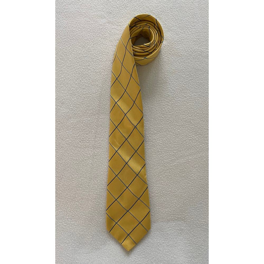 Thomas Pink Tie Vivid Gold Gray Checkered Luxury Necktie Silk Woven Thick